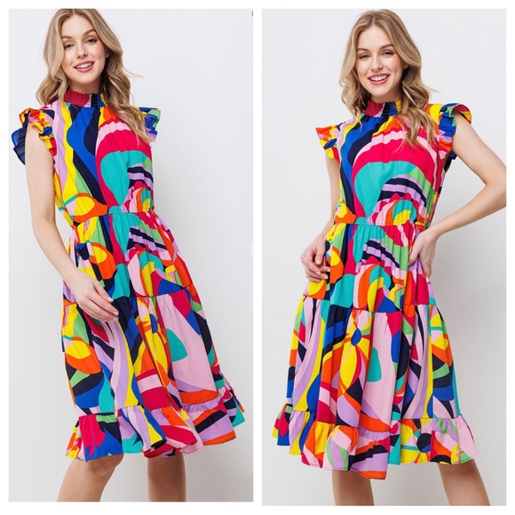 03 Chic Multi Color Ruffled Sleeve Tiered Midi Dress - Picture 2 of 5